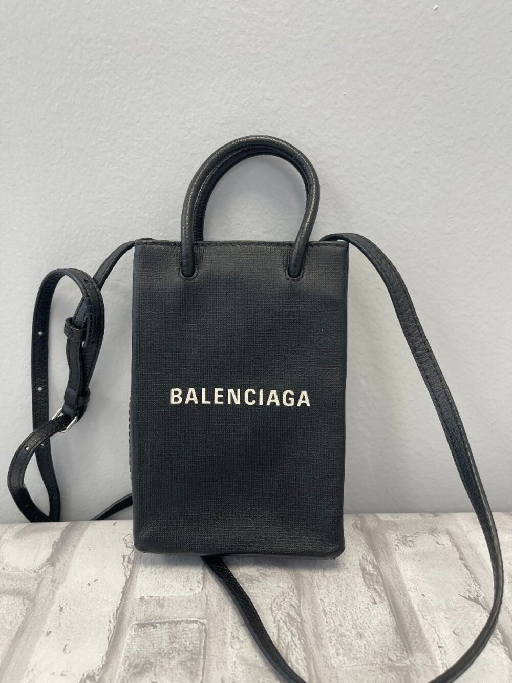 Balenciaga Black Calfskin Leather Mini Shopping Phone Pouch Crossbody-Preowned